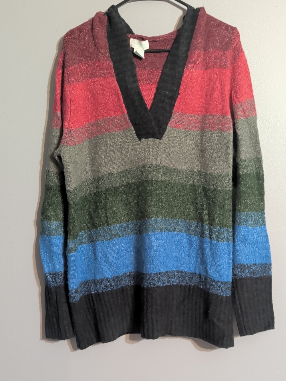 Maurices Striped V-Neck Sweater in Red, Gray, Green, Blue & Black Size 1